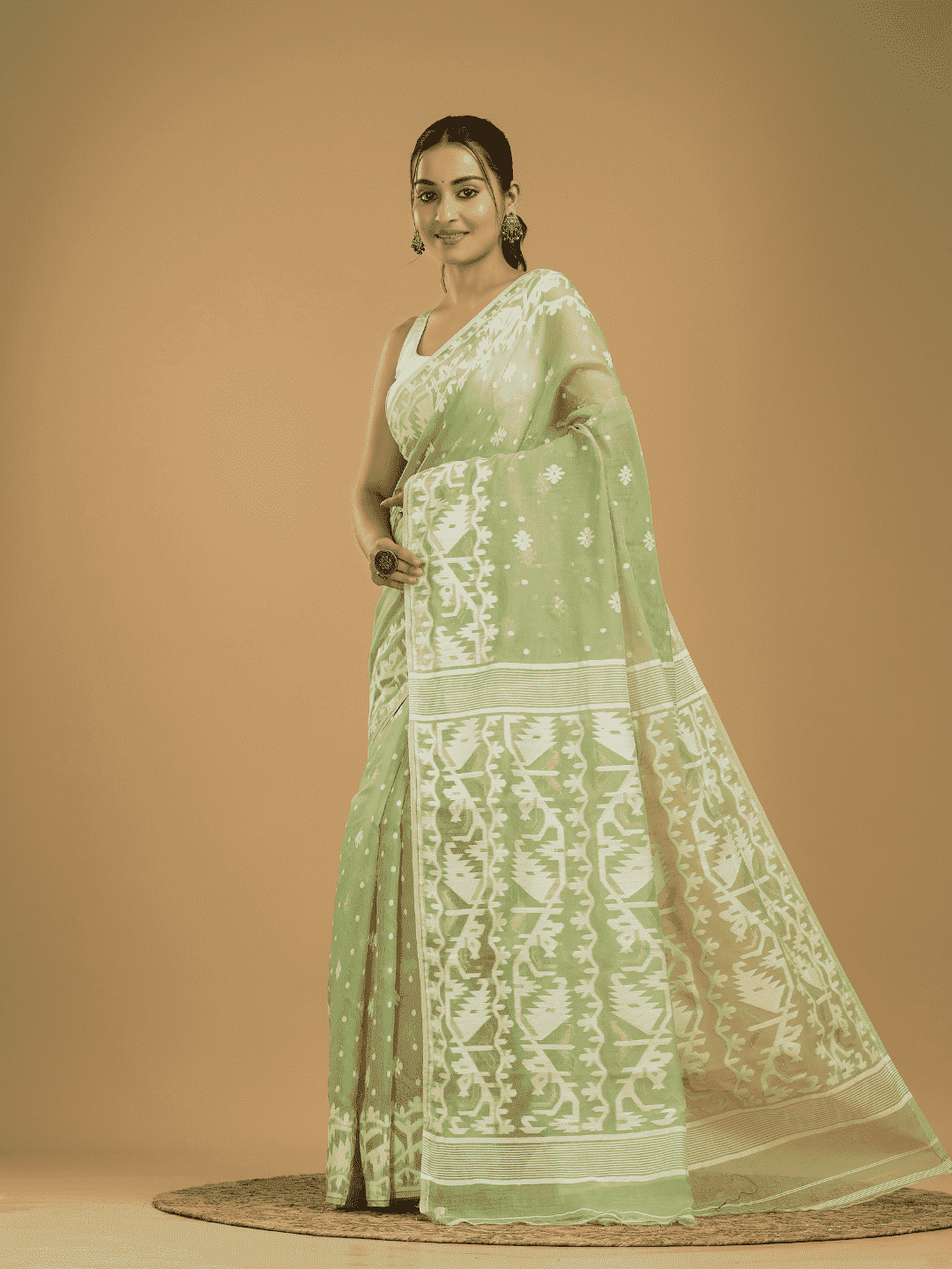 Light Green Soft Silk Jamdani Saree - 008 - indeloom