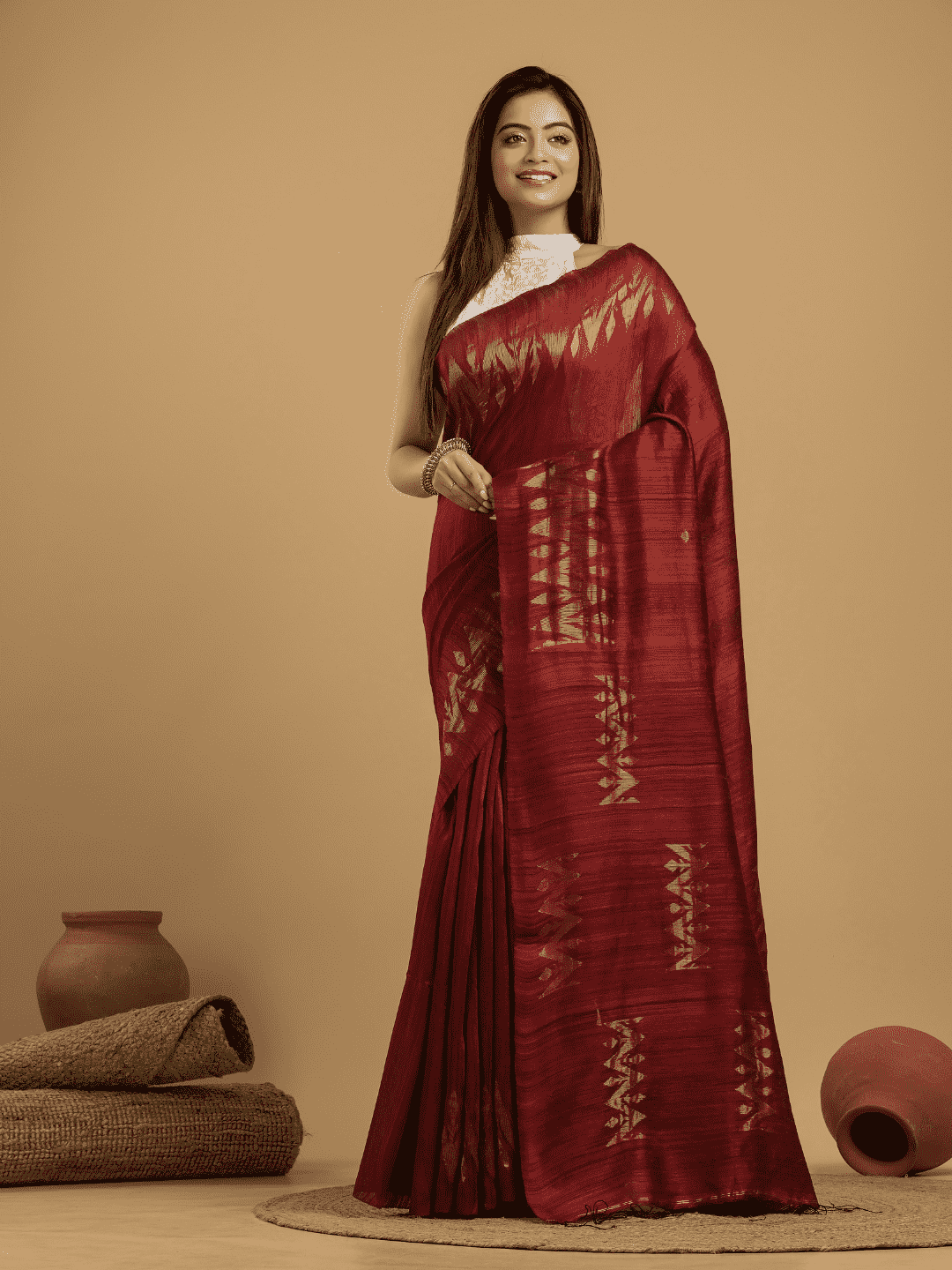 Blood Red Matka Silk Jamdani Saree - 050 - indeloom