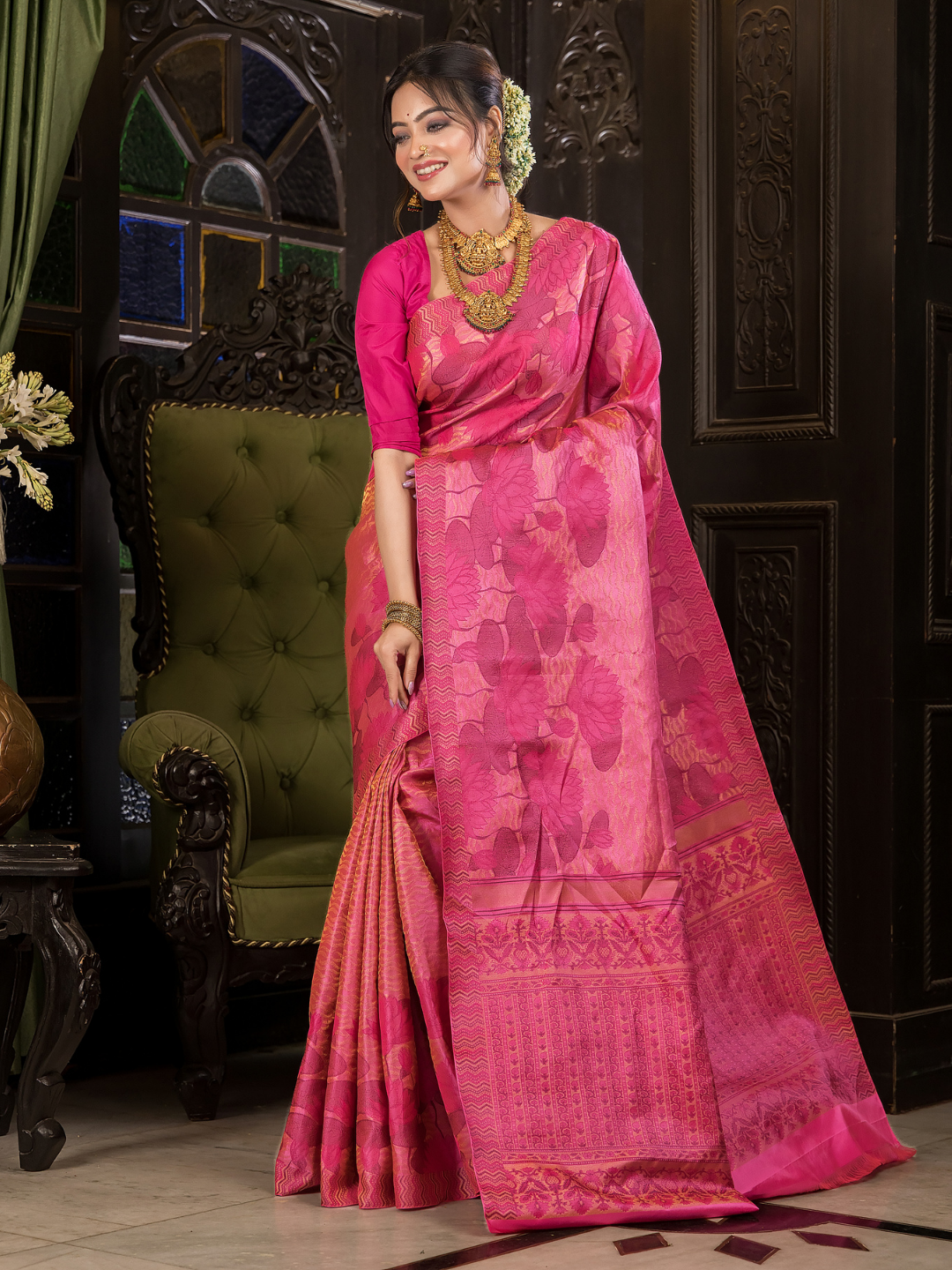 Rajani Rekha - Royal Rani pink silk with floral vine zari