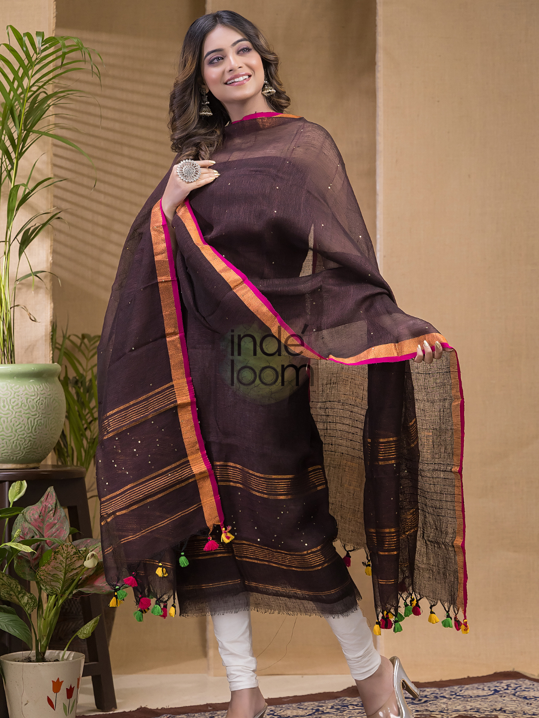 Wine Brown Pure Linen Sequin Suit 2 Piece Set Kurti & Dupatta (UNSTITCHED) -635