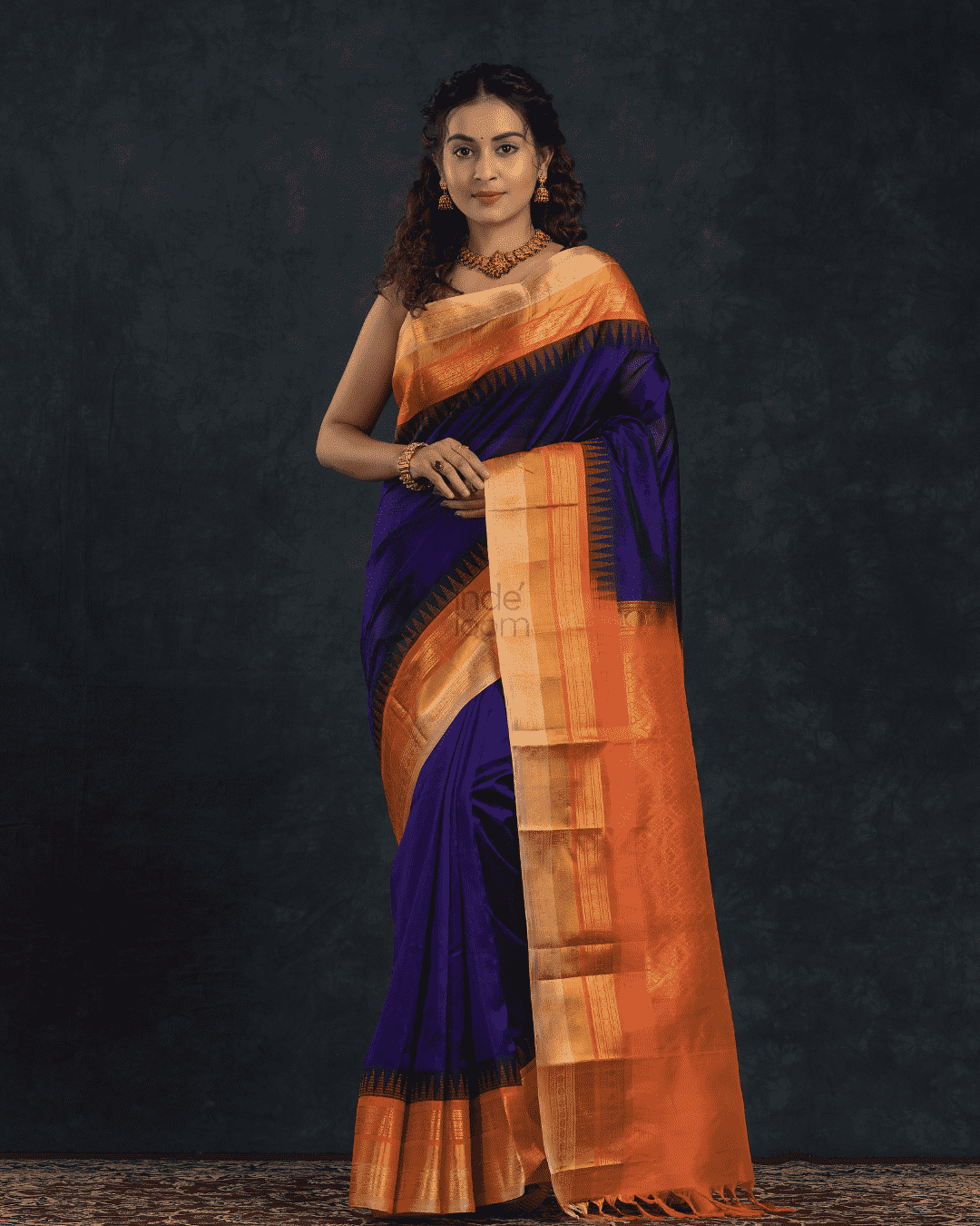 Pure Handloom Korvai Saree | Wine Purple and Orange Border | Temple Border