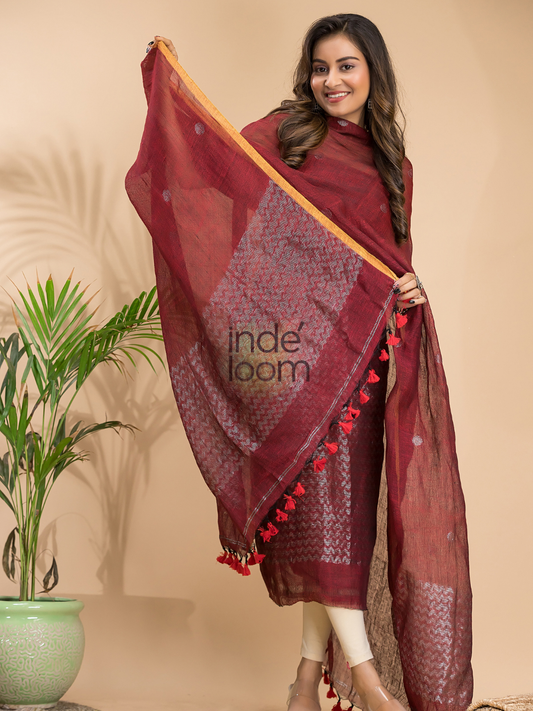 Cherry Red Linen X Linen 2-Piece Set Kurti & Dupatta (UNSTITCHED) - 009