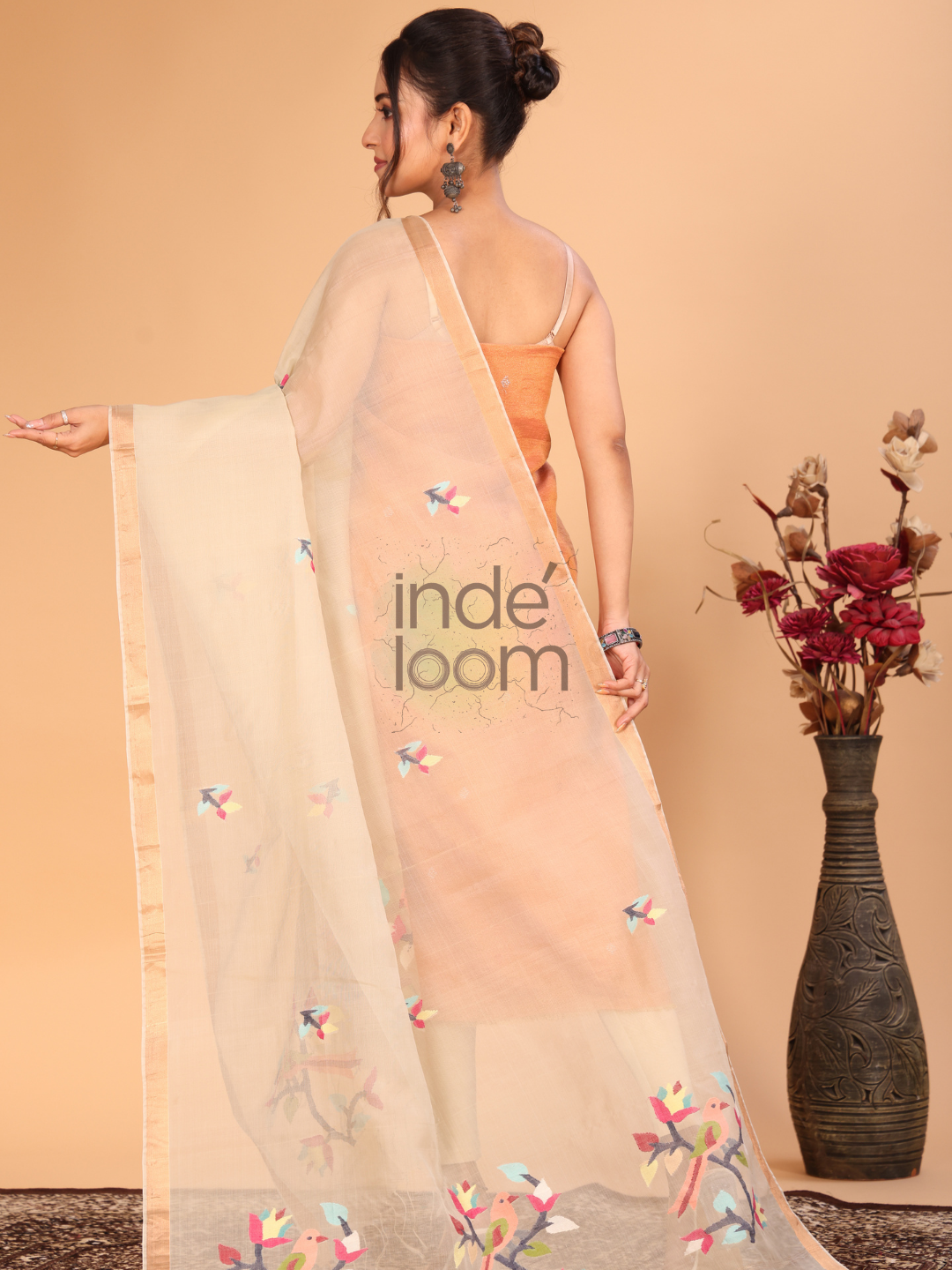 Pure Handloom Tussar Silk Jamdani Dupatta With Beige Brown - 011