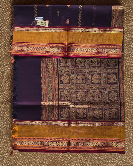 Kanchi Cotton|Purple & Mustard Yellow/ Navy Blue