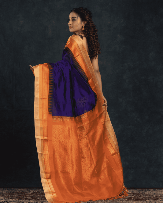 Pure Handloom Korvai Saree in Wine Purple & Orange Border With Temple Border - 113