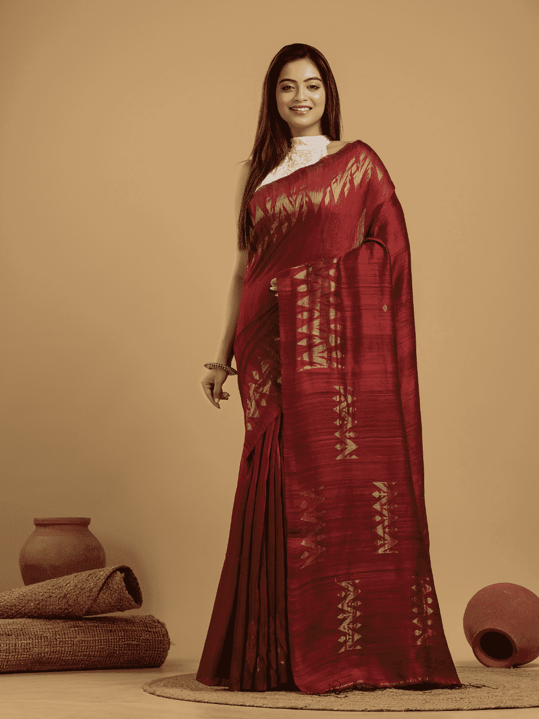 Blood Red Matka Silk Jamdani Saree - 050 - indeloom