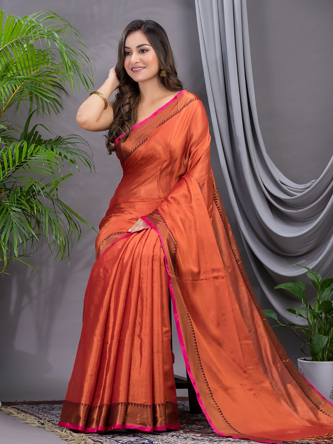 Tissue Silk Saree With Bright Orange - 014