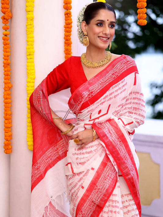 Cotton Linen Saree With Snow White - 114