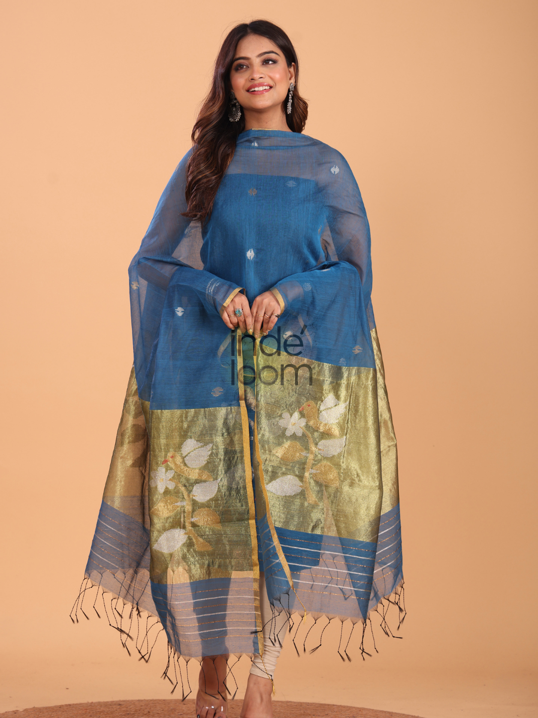 Indigo Blue Muslin Jamdani 2-Piece Set Kurti & Dupatta (UNSTITCHED) - 082
