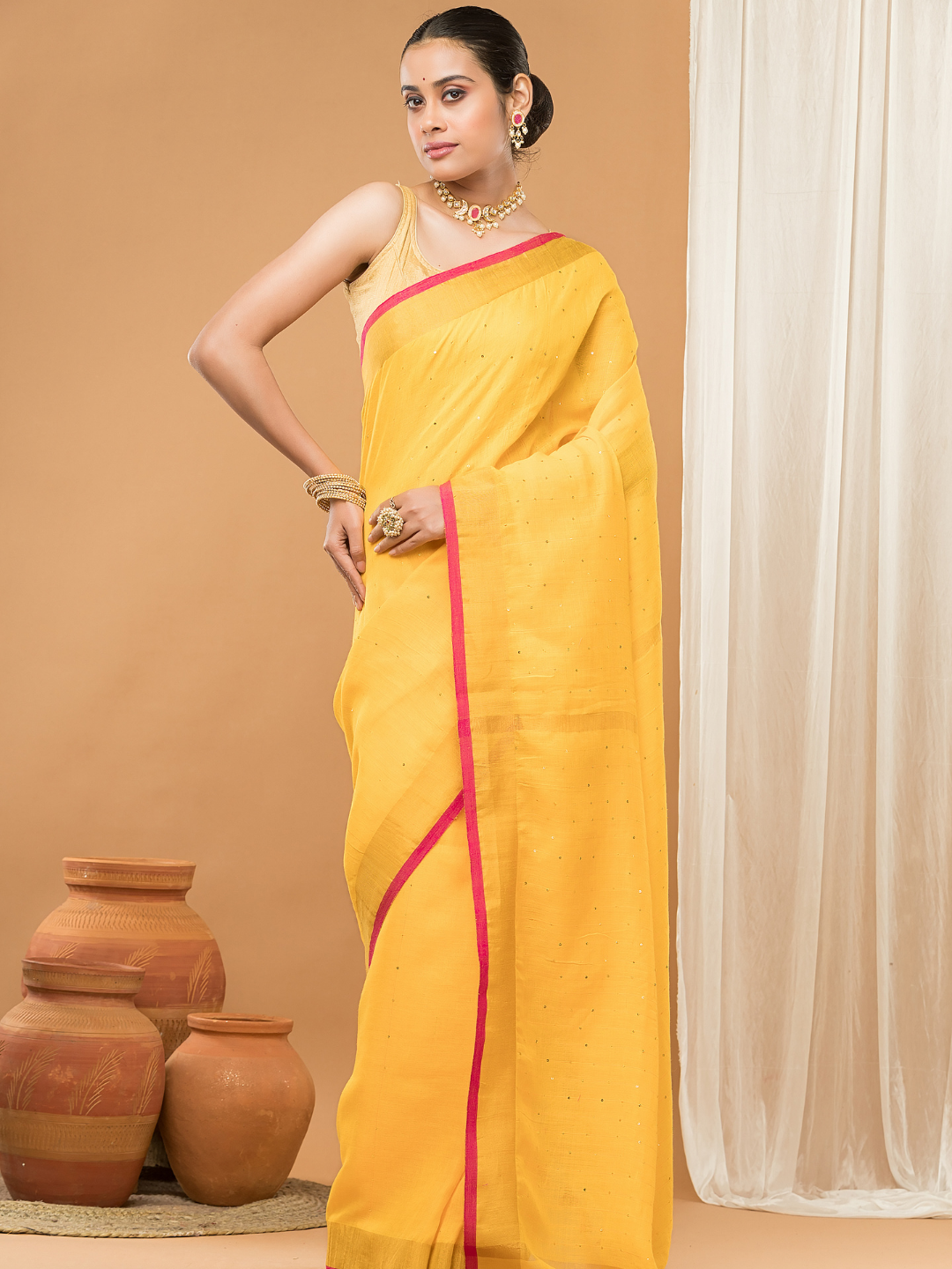 Linen Sequin Jamdani Saree With Mango Yellow - 001