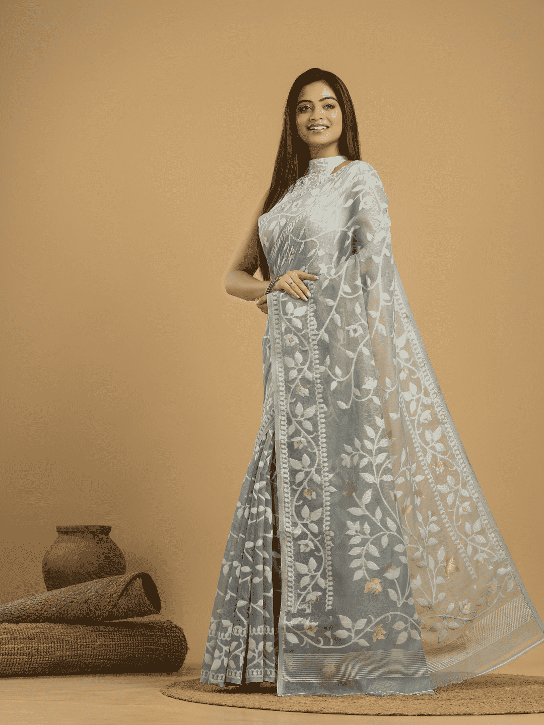 Beige Brown Cotton Silk Jamdani Saree - 028 - indeloom