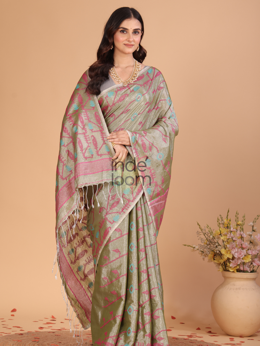 Tissue Jamdani Saree With Shaded Light Olive Green - 112