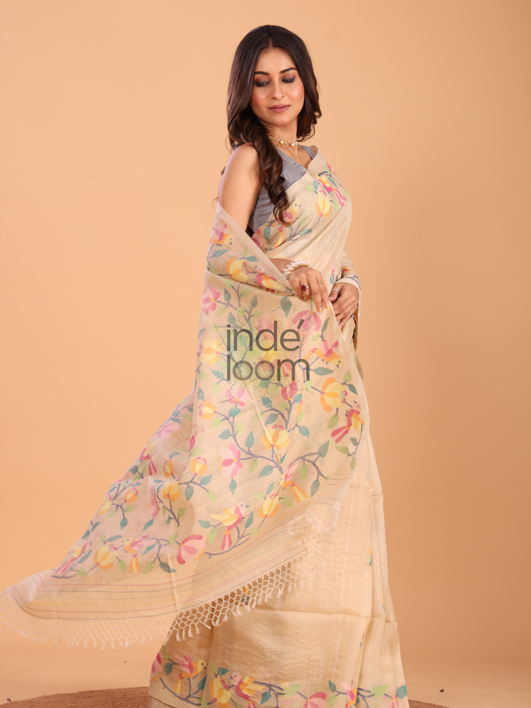 Tussar Silk Jamdani Saree With Pale Brown - 139