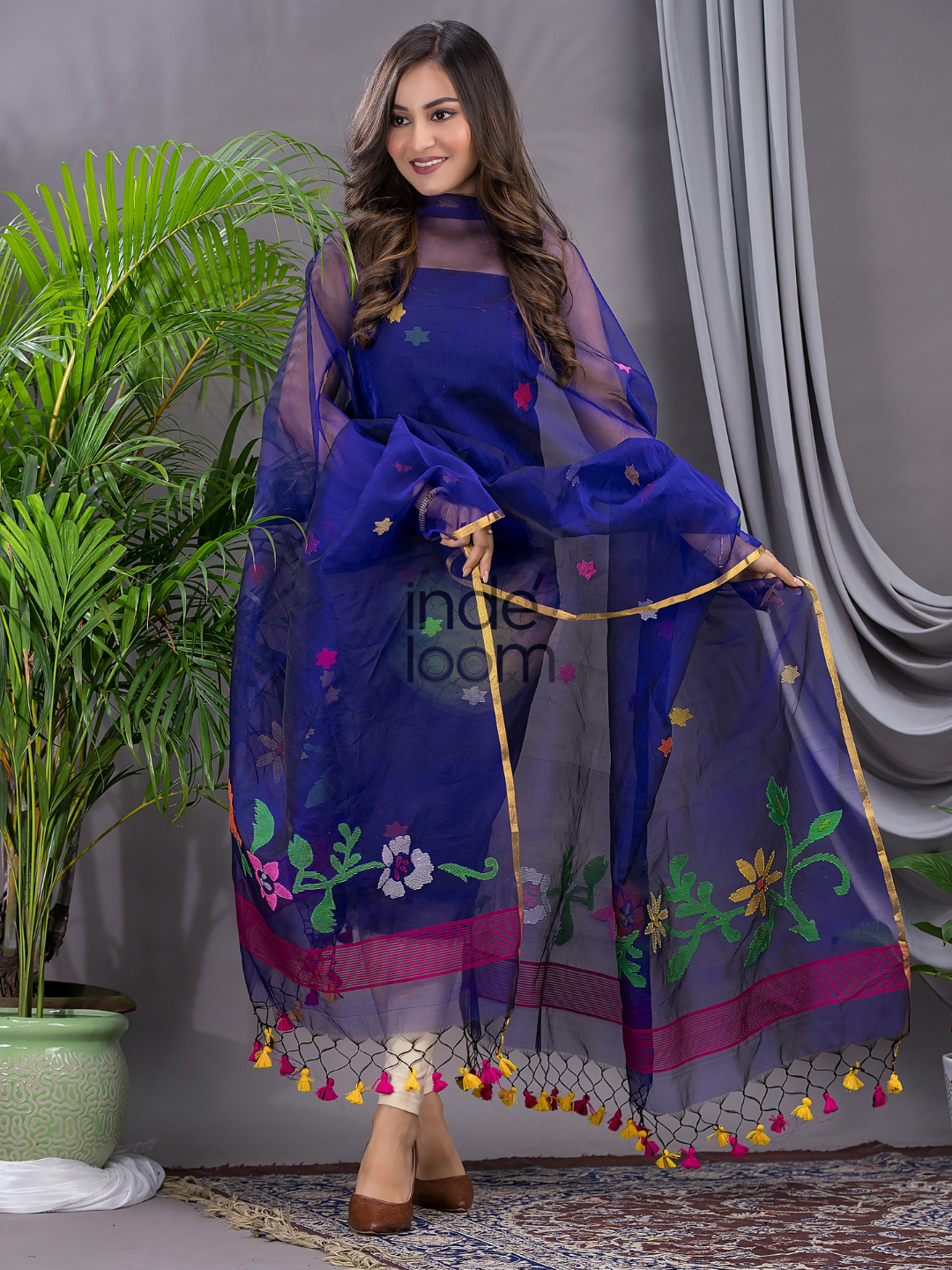 Indigo Blue Cotton Silk Jamdani 2-Piece Set Kurti & Dupatta (UNSTITCHED) - 108