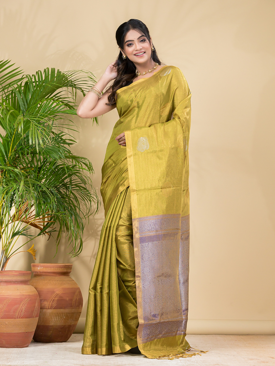 Tissue Silk Saree With Neon Yellow - 030