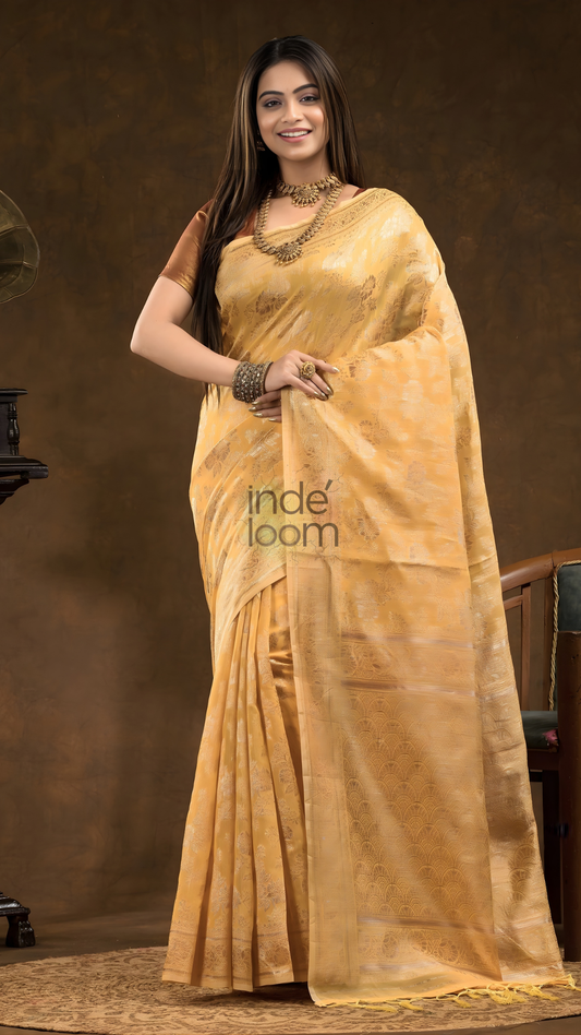 Floral woven design Silk blend Jacquard Saree | Golden Yellow