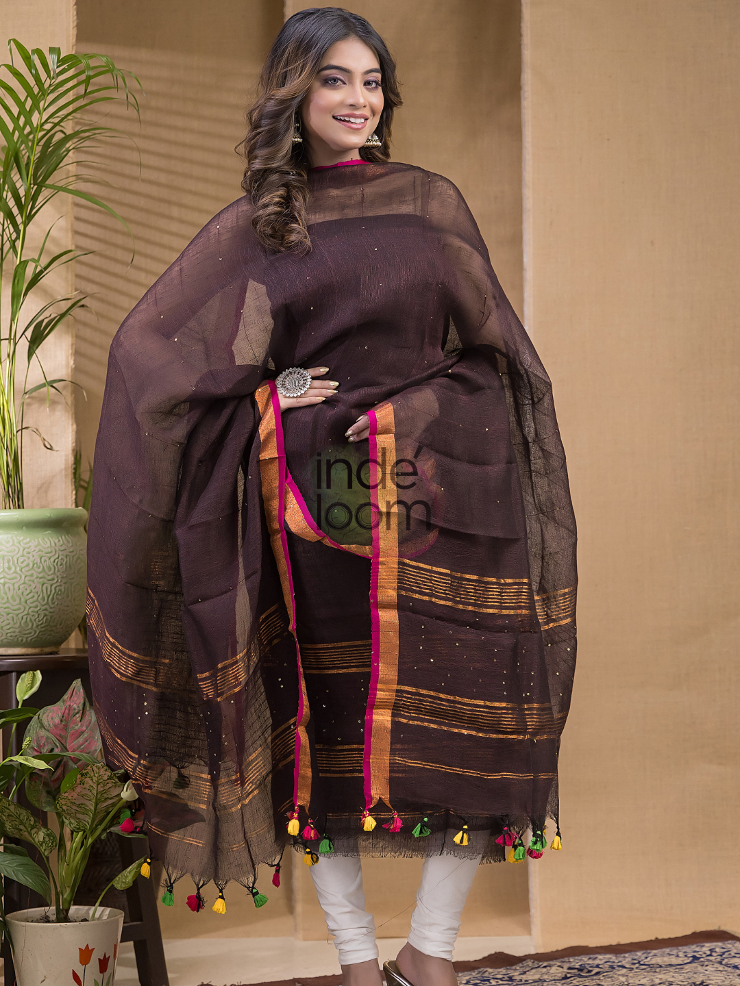 Wine Brown Pure Linen Sequin Suit 2 Piece Set Kurti & Dupatta (UNSTITCHED) -635
