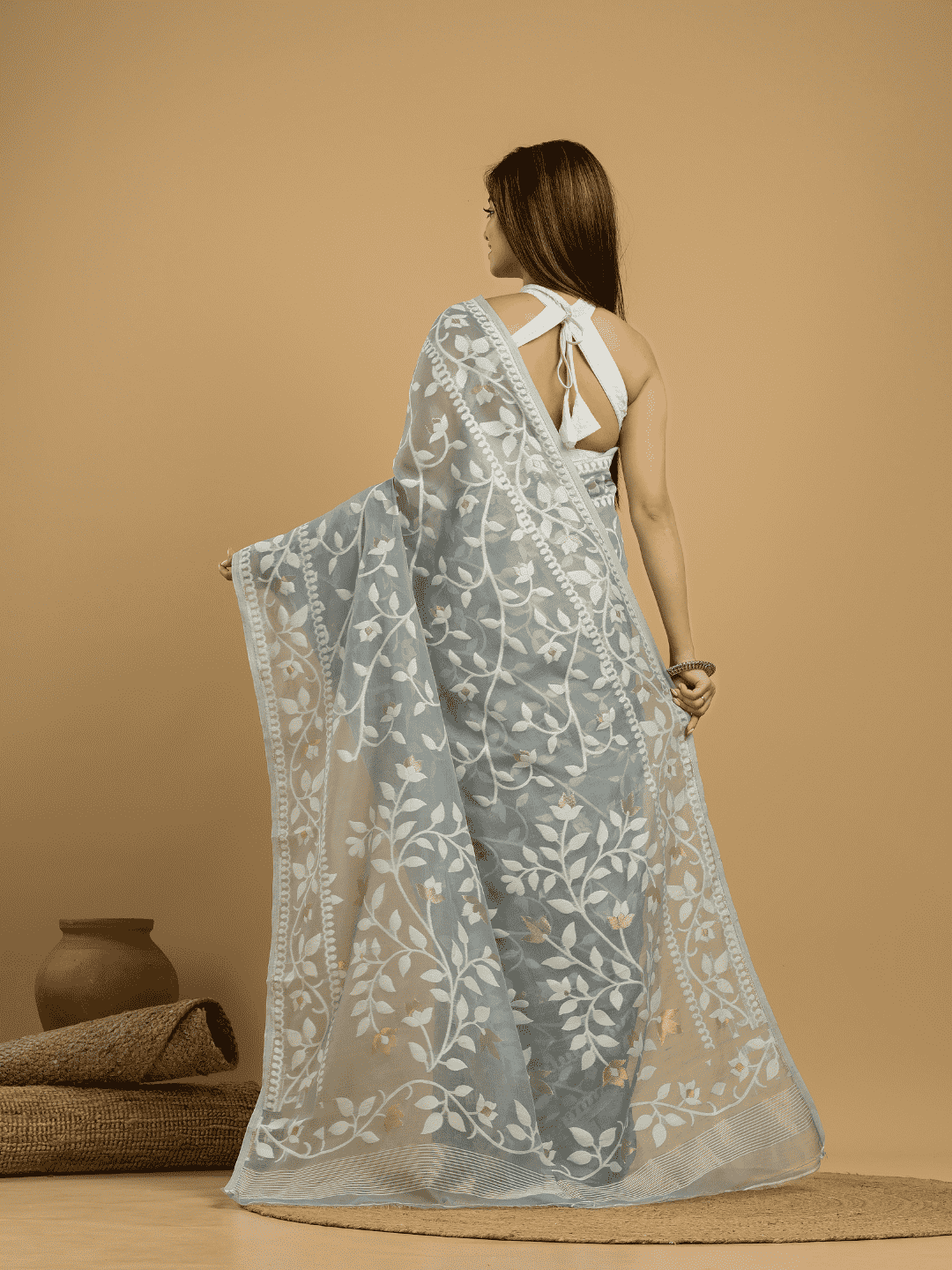 Beige Brown Cotton Silk Jamdani Saree - 028 - indeloom