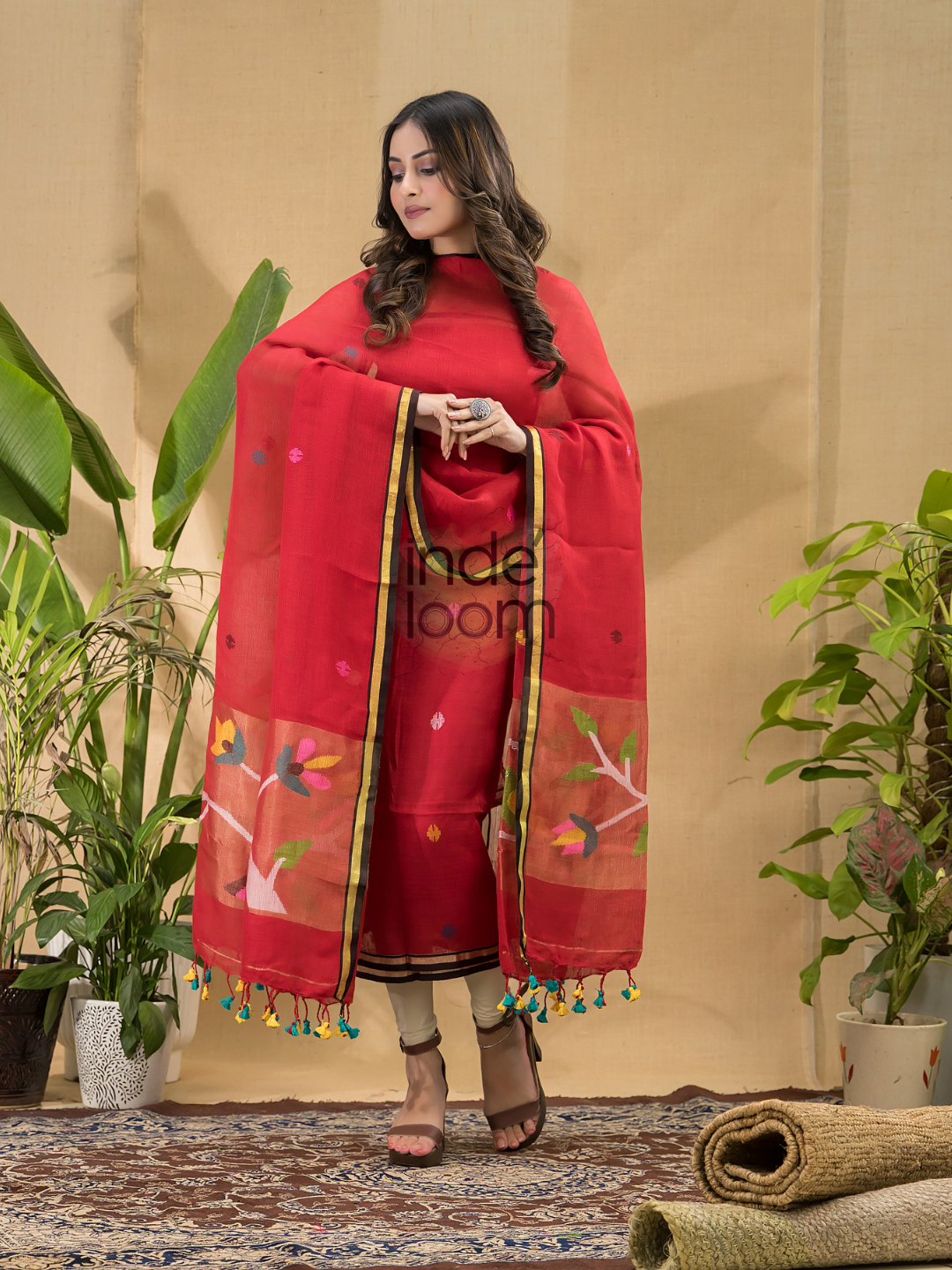 Apple Red Jamdani 2-Piece Set Kurti & Dupatta (UNSTITCHED) -703