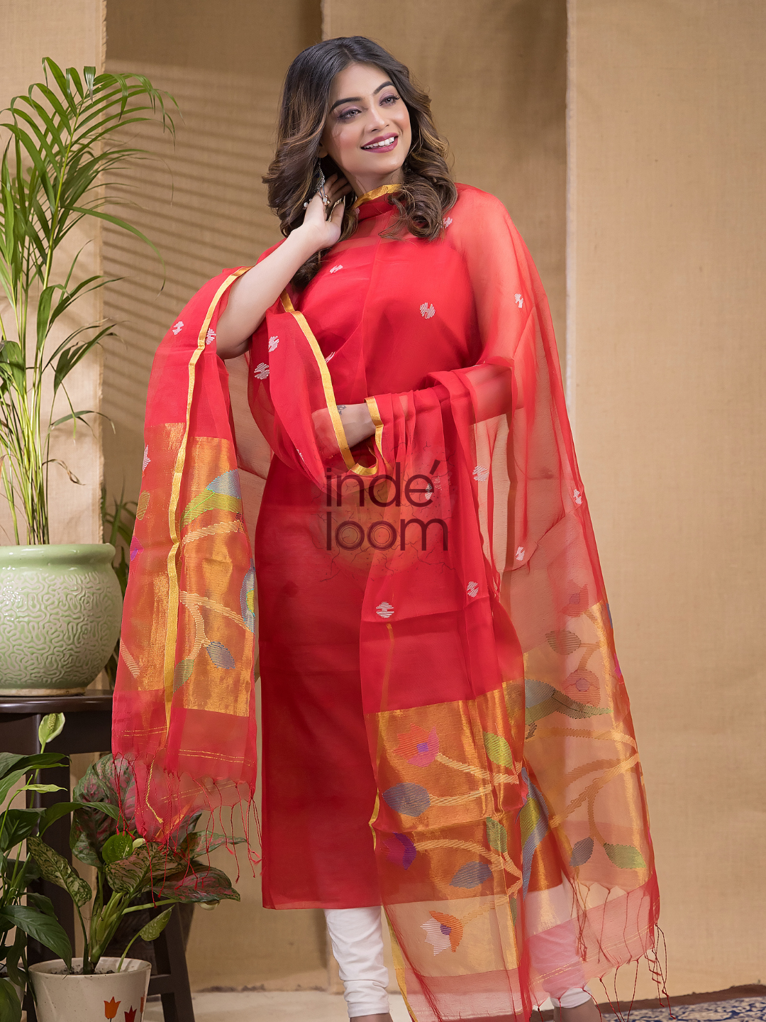 Cherry Red  Jamdani 2-Piece Set Kurti & Dupatta (UNSTITCHED) -658
