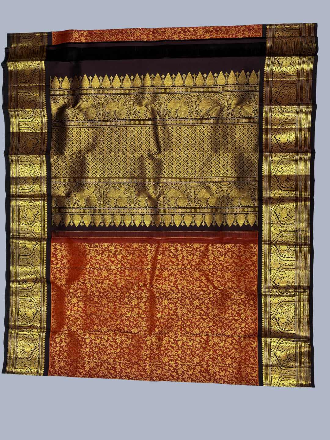 Pure Handwoven Gadwal Silk Saree With Reddish-Brown - 032