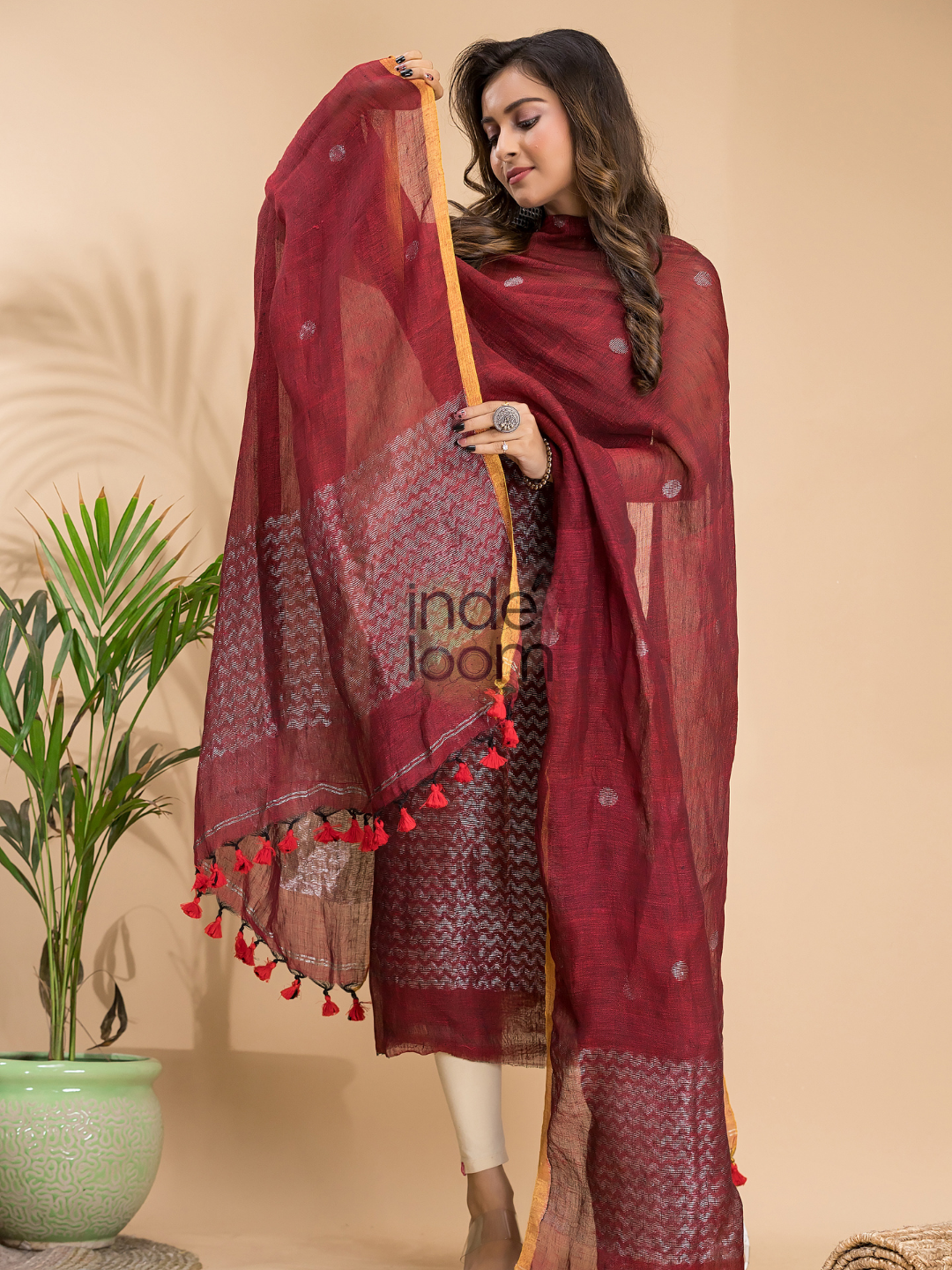 Cherry Red Linen X Linen 2-Piece Set Kurti & Dupatta (UNSTITCHED) - 009