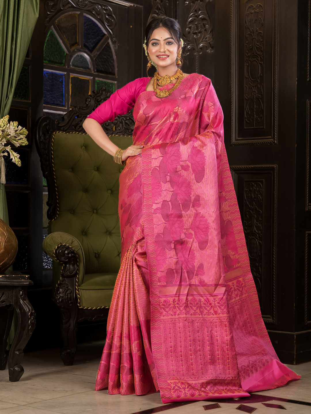 Rajani Rekha - Royal Rani pink silk with floral vine zari