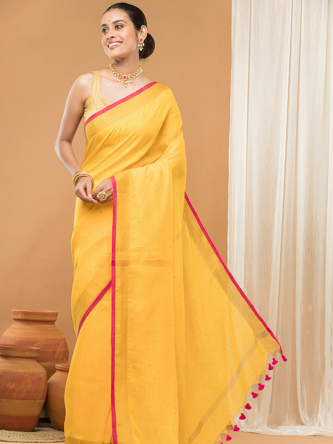 Linen Sequin Jamdani Saree With Mango Yellow - 001