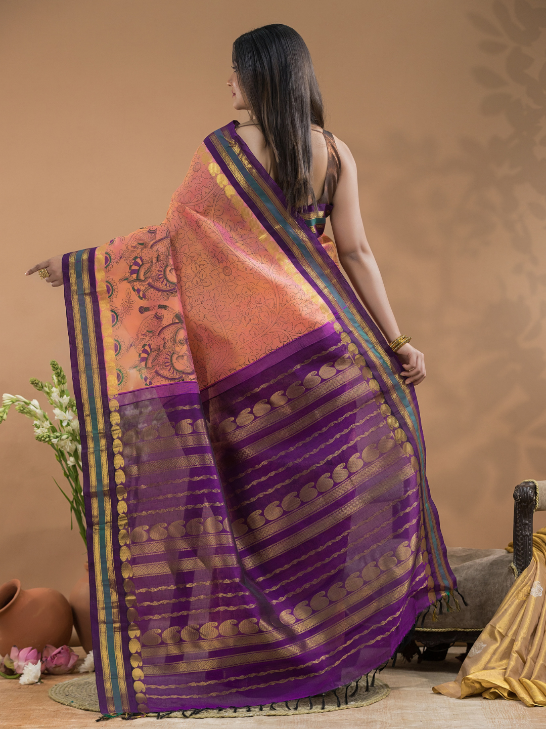 Pure Handloom Korvai Saree | Peach Pink