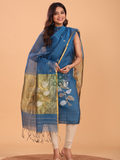 Indigo Blue Muslin Jamdani 2-Piece Set Kurti & Dupatta (UNSTITCHED) - 082