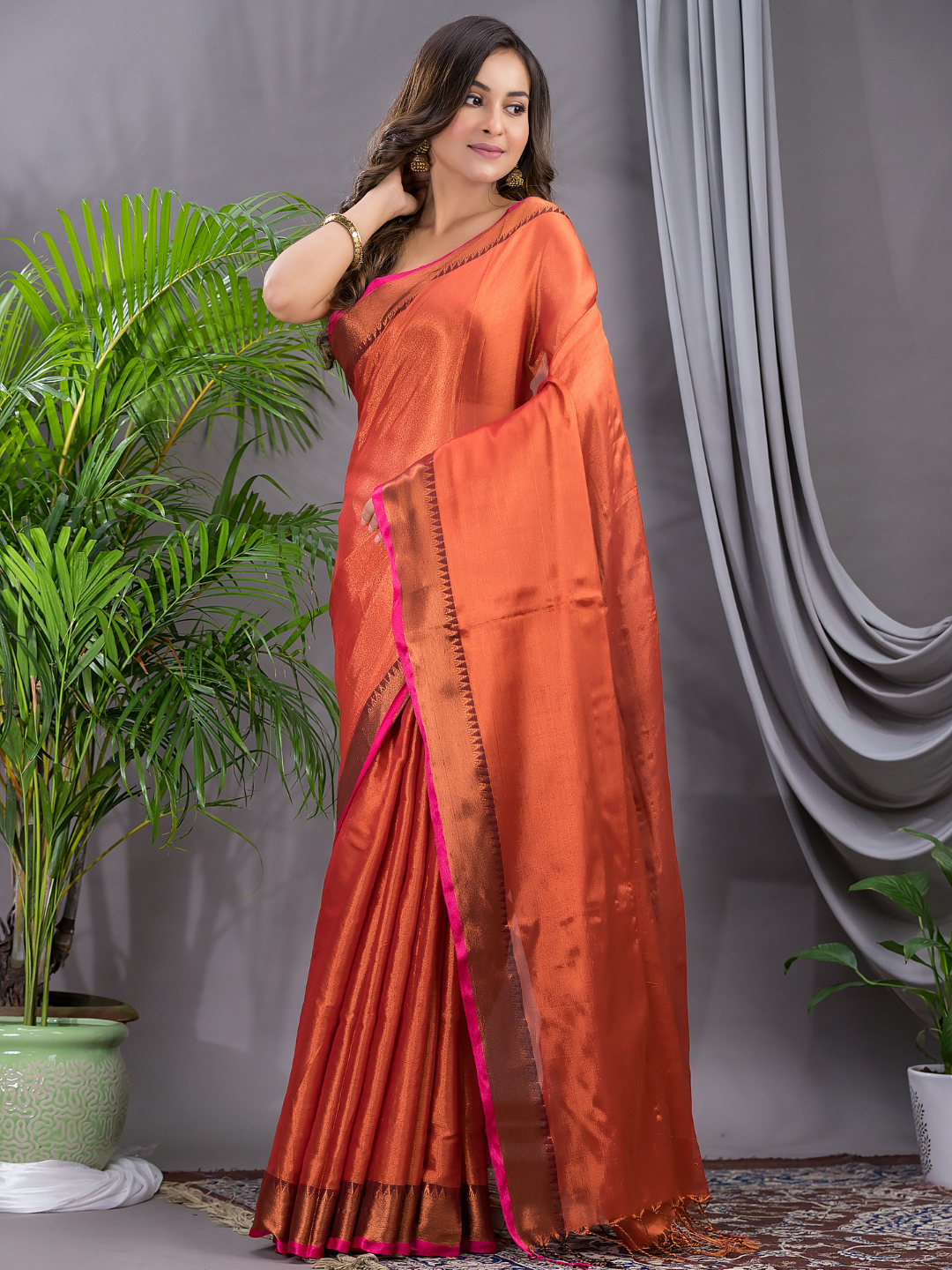 Tissue Silk Saree With Bright Orange - 014