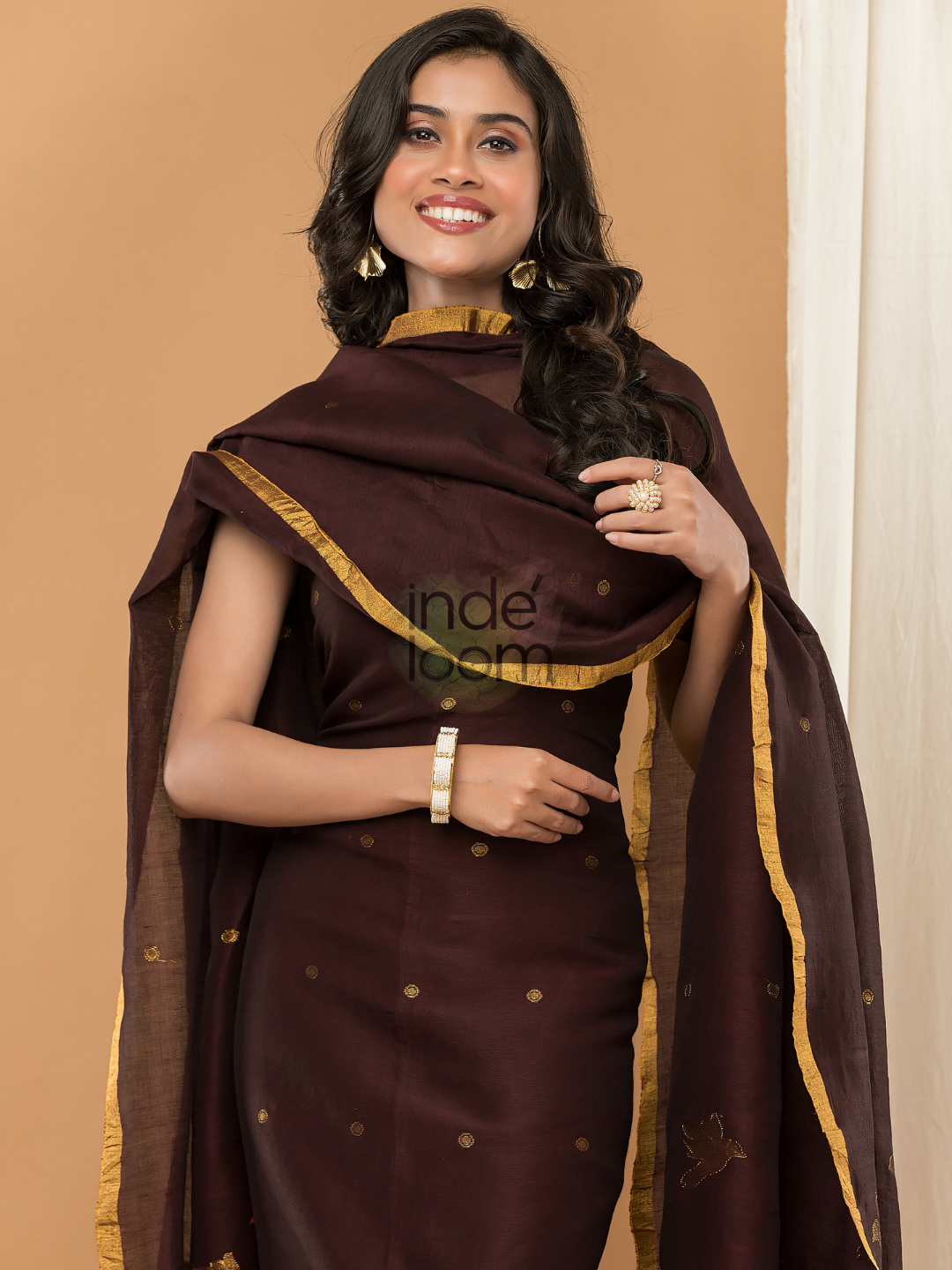 Dark Bronze color Jamdani 2-Piece Set Kurti & Dupatta (UNSTITCHED) - 146