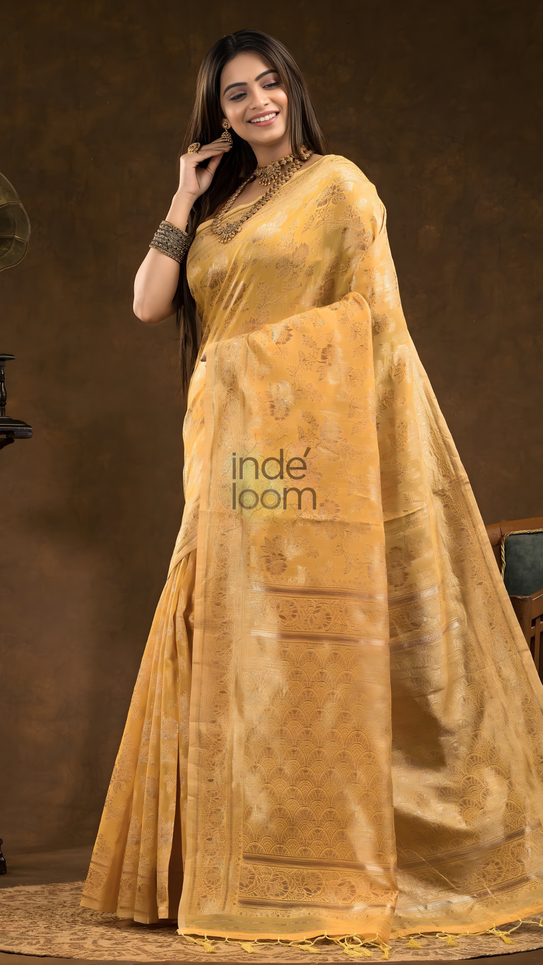 Floral woven design Silk blend Jacquard Saree | Golden Yellow