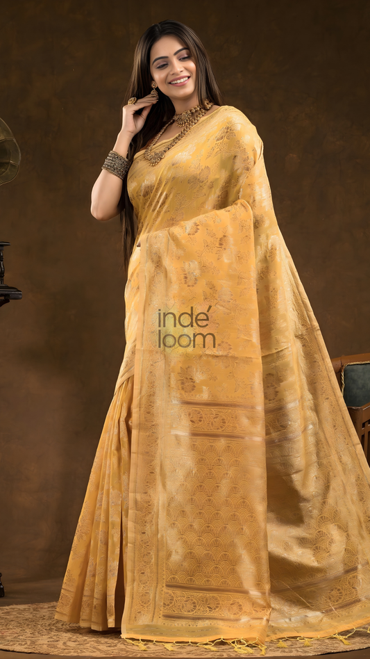 Floral woven design Silk blend Jacquard Saree | Golden Yellow