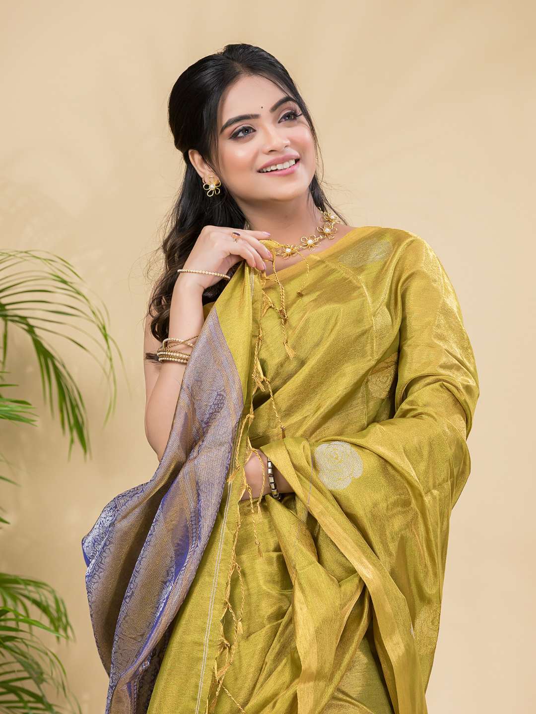 Tissue Silk Saree With Neon Yellow - 030