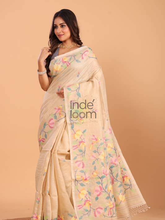Handwoven Pure Jamdani Silk Saree  |  Champagne Beige