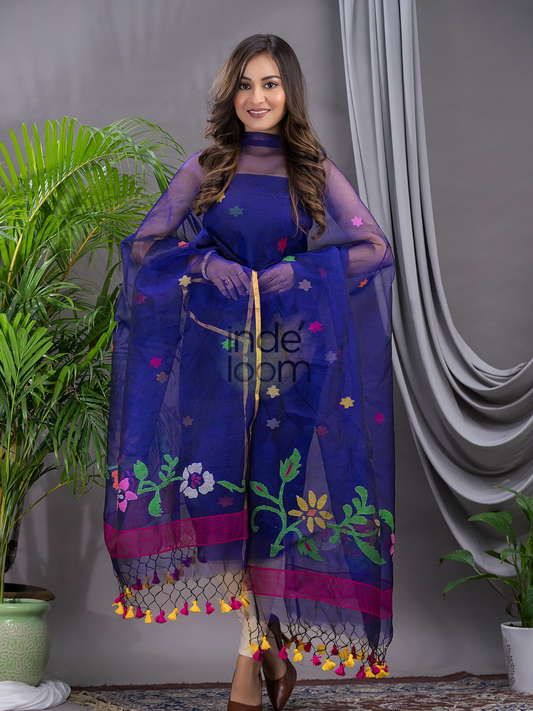 Indigo Blue Cotton Silk Jamdani 2-Piece Set Kurti & Dupatta (UNSTITCHED) - 108