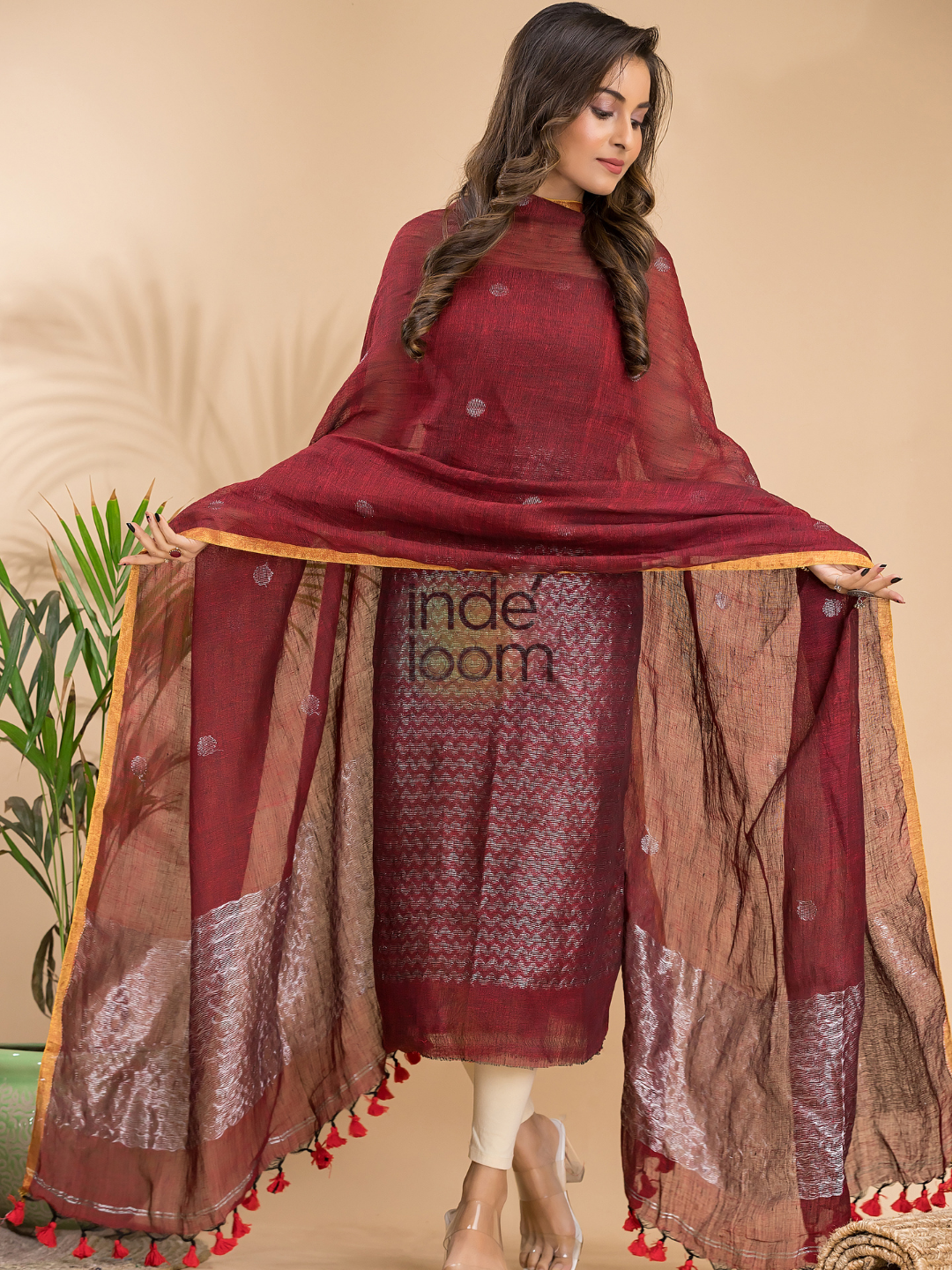 Cherry Red Linen X Linen 2-Piece Set Kurti & Dupatta (UNSTITCHED) - 009