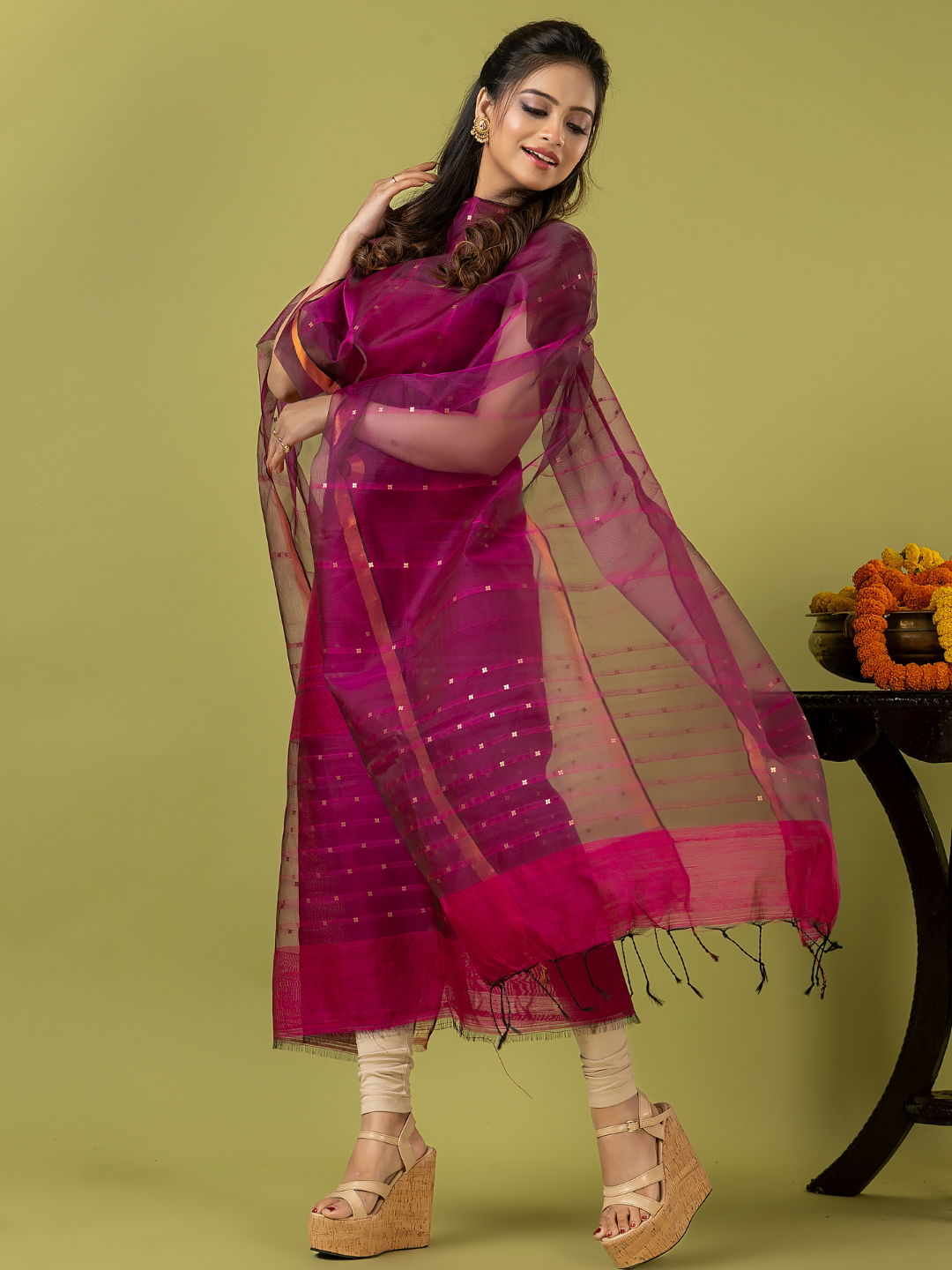 Handwoven Jamdani Muslin Unstitched 2-piece Kurti | Fuchsia Pink