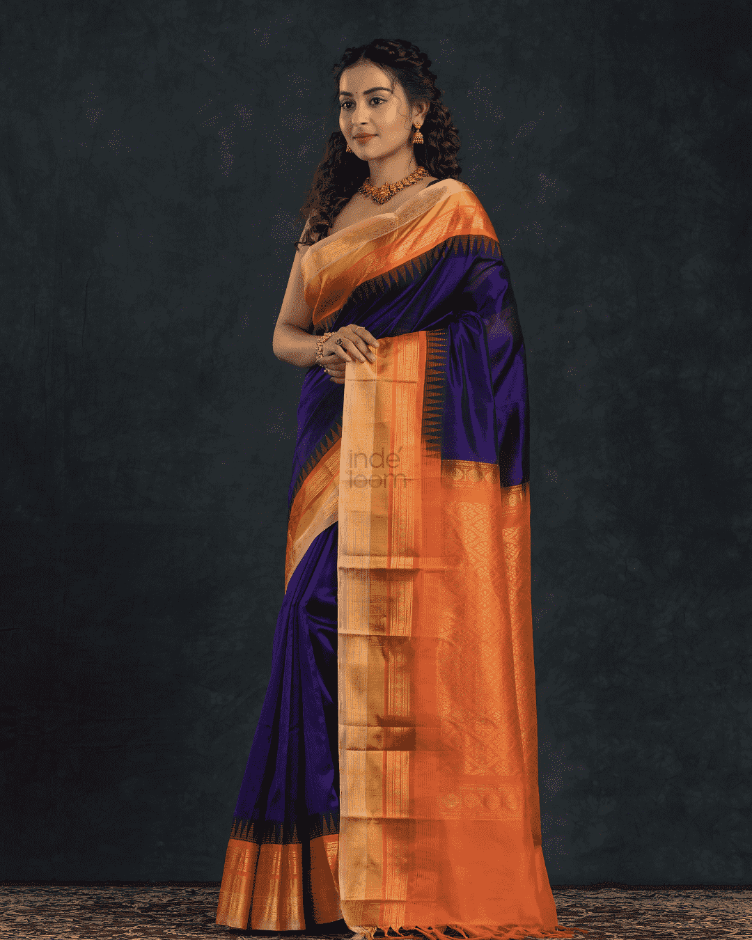 Pure Handloom Korvai Saree | Wine Purple and Orange Border | Temple Border