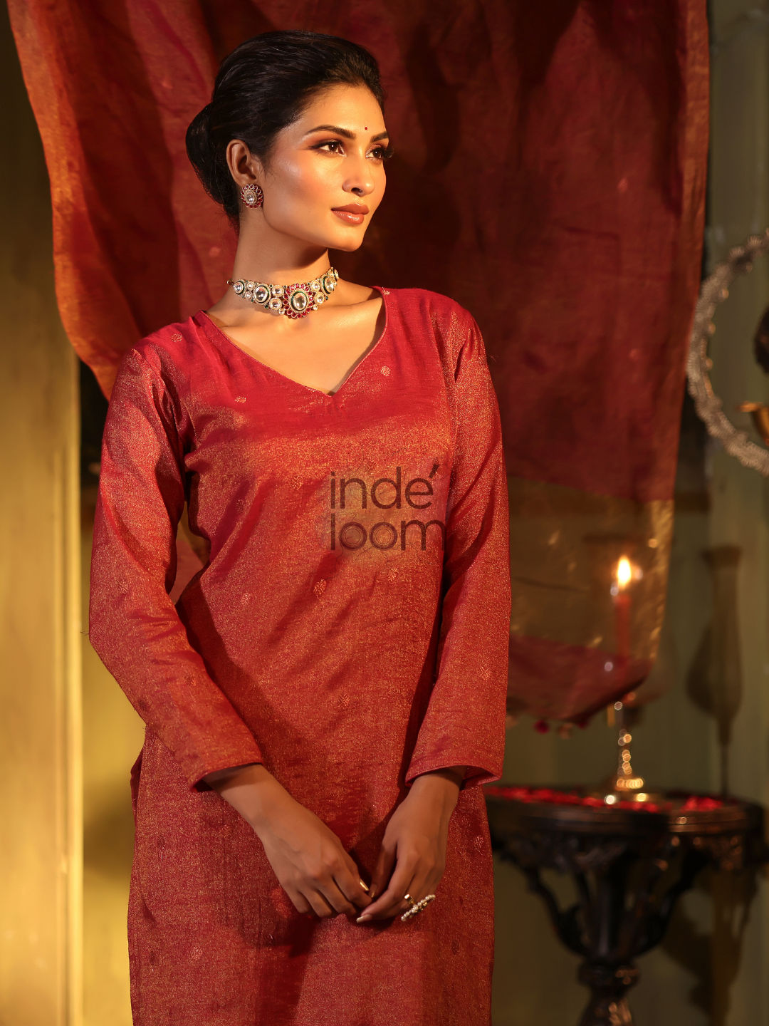 Shaded Red Tissue 2-Piece Set Kurti & Dupatta (UNSTITCHED) - 310
