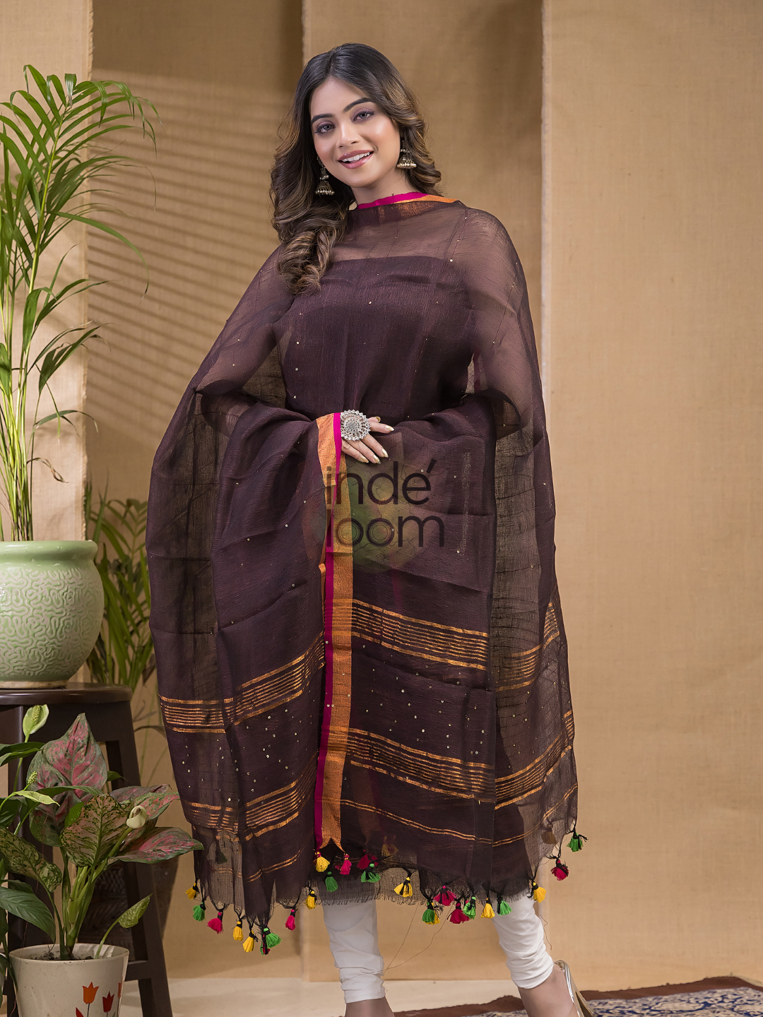 Wine Brown Pure Linen Sequin Suit 2 Piece Set Kurti & Dupatta (UNSTITCHED) -635