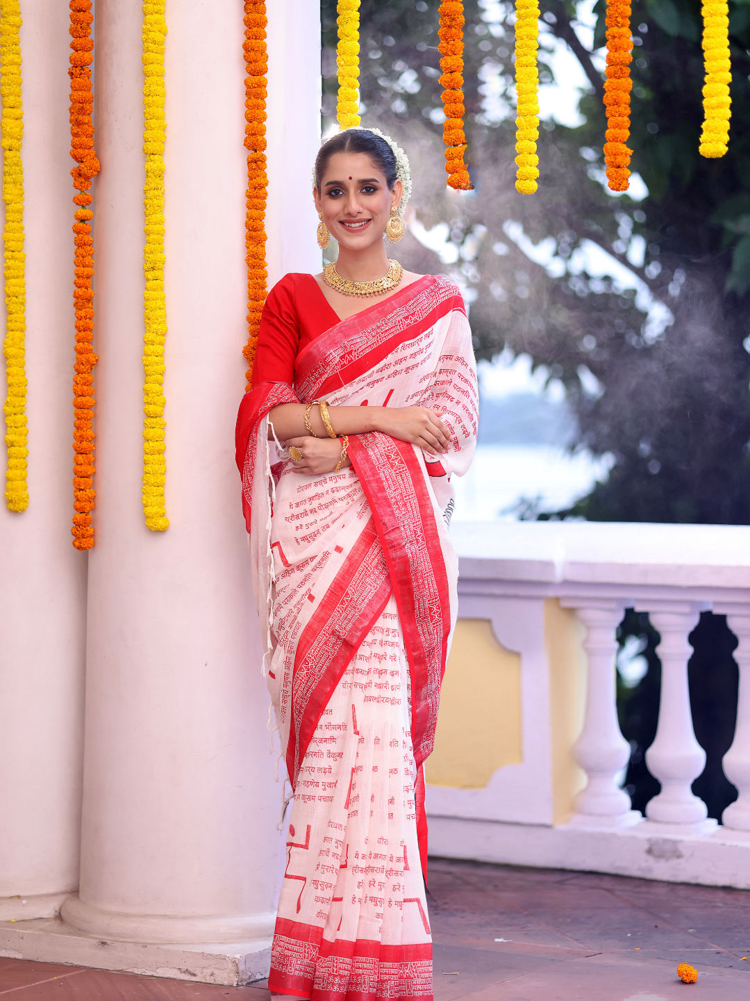 Cotton Linen Saree With Snow White - 114