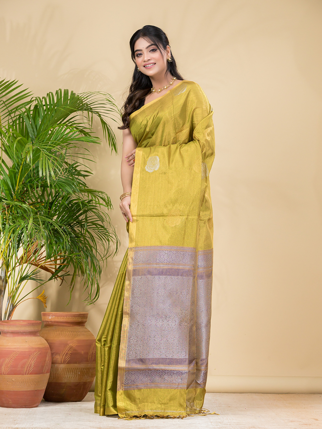 Tissue Silk Saree With Neon Yellow - 030