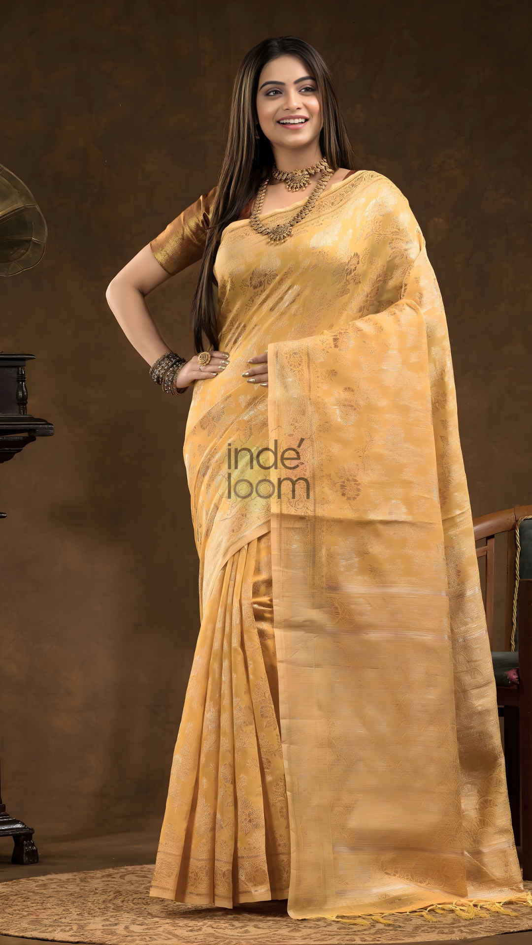 Floral woven design Silk blend Jacquard Saree | Golden Yellow