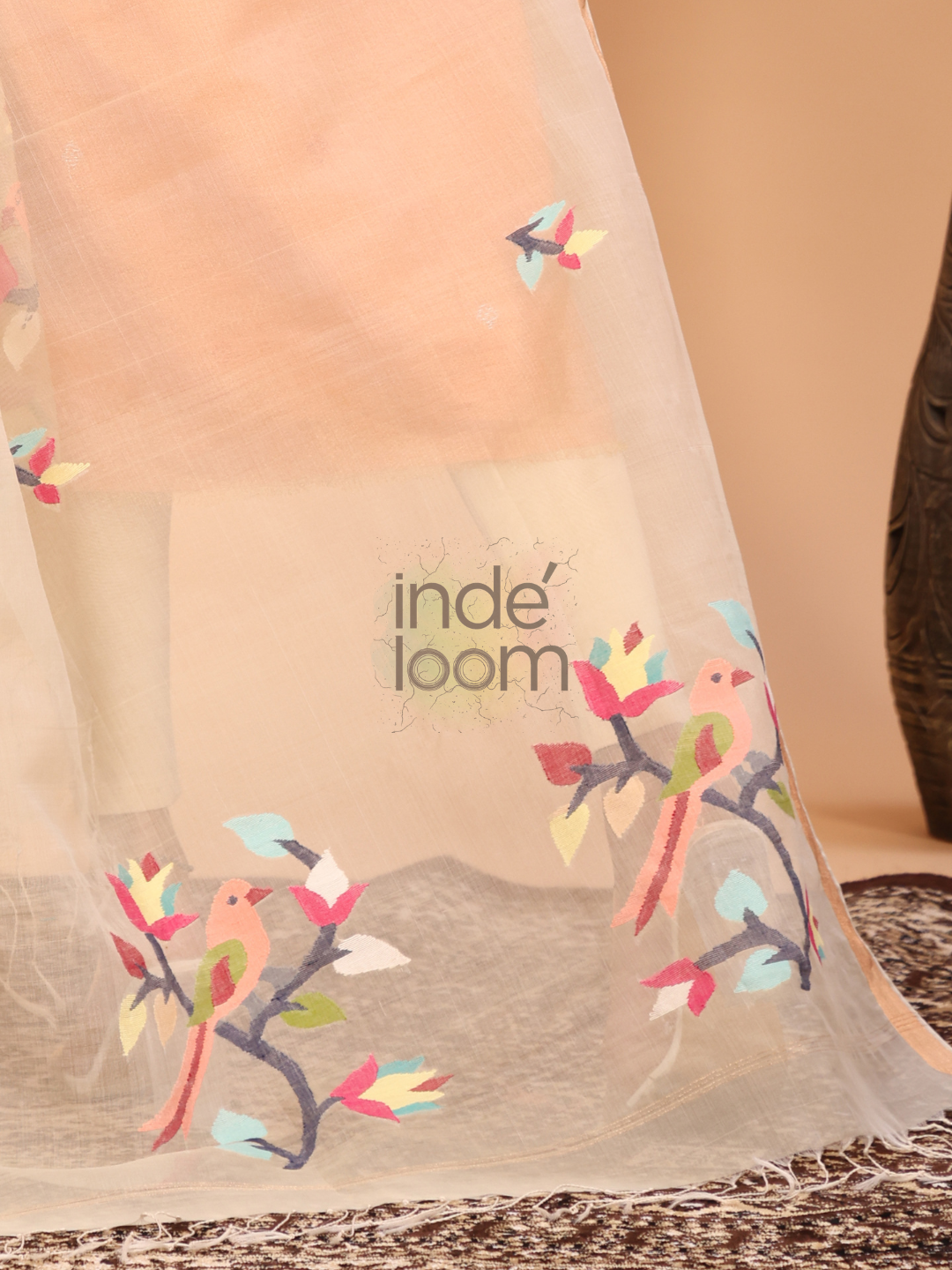 Pure Handloom Tussar Silk Jamdani Dupatta With Beige Brown - 011