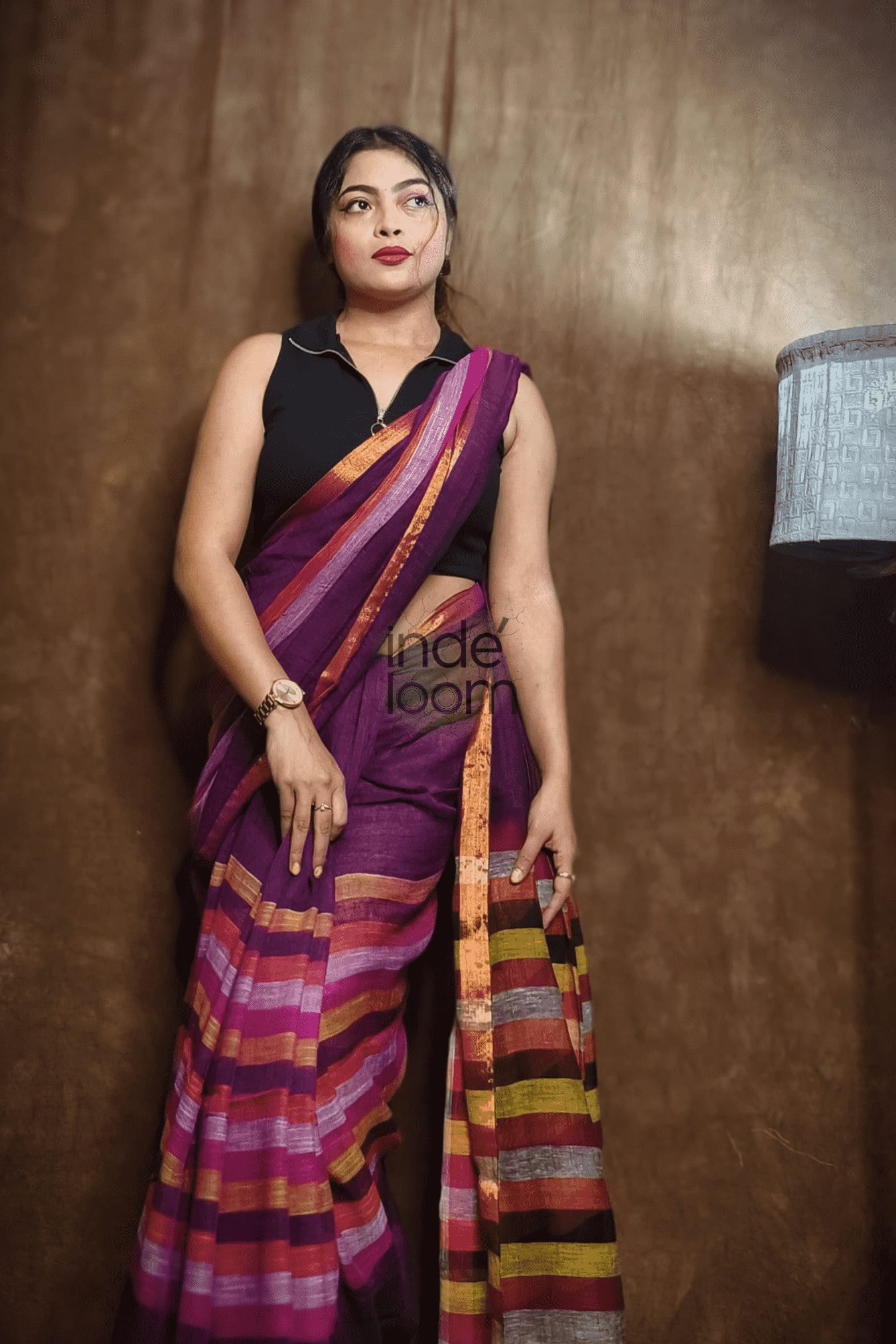 Handloom Linen Checks Saree with Pink and Multicolor Stripes-009 - indeloom