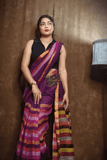 Handloom Linen Checks Saree with Pink and Multicolor Stripes-009 - indeloom