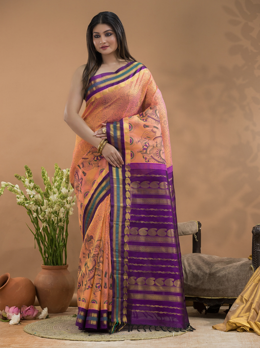 Peach Pink Pure Handloom Korvai Silk Cotton Saree In  -183