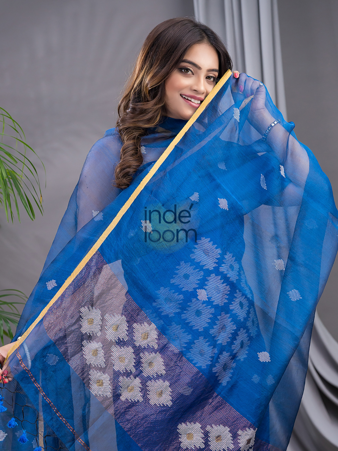 Indigo Blue Matka Jamdani 2-Piece Set Kurti & Dupatta (UNSTITCHED) - 109